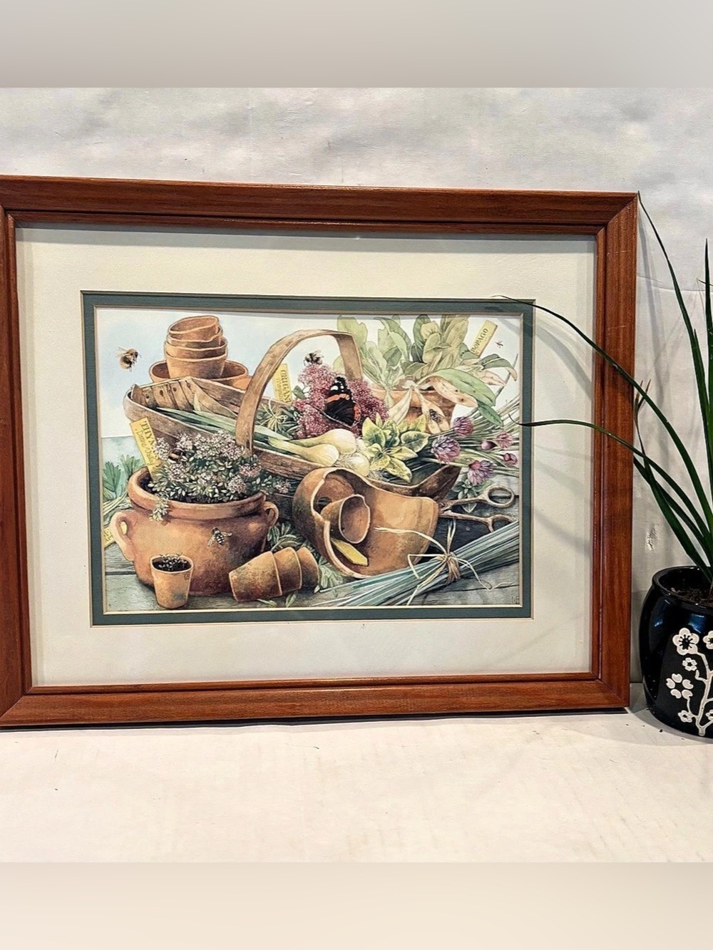 Framed Floral Garden Print in Brown & Green